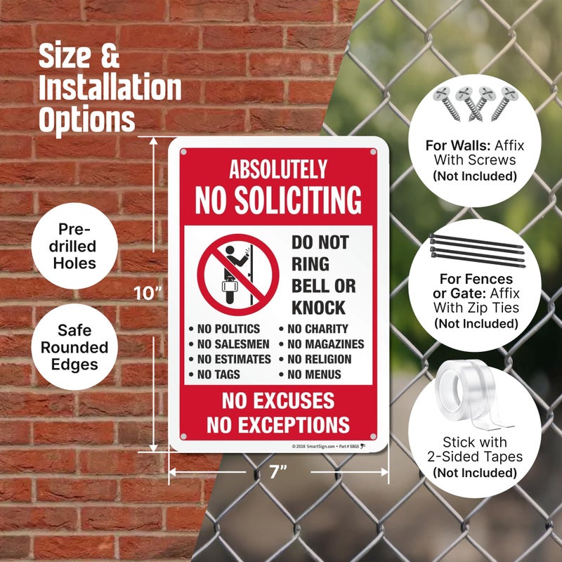 SmartSign 10" x 7" 'Absolutely No Soliciting Do Not Ring Bell No Excuses No Exceptions' Metal Sign, 40 mil Aluminum 3M Laminated Engineer Grade Reflective Material, Red/Black/White, USA-Made - Image 4